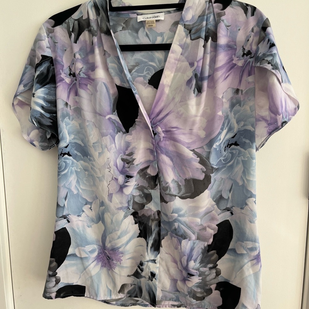 Calvin Klein Floral V-Neck Blouse - Black, Purple, White